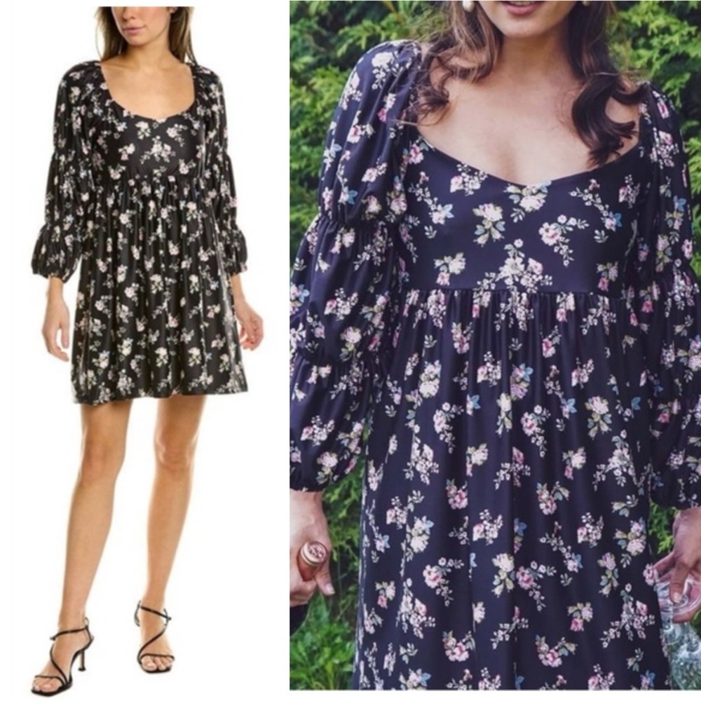 Smith & Quinn Greta Black Floral Puff Long Sleeve Mini Dress Cottagecore. L20